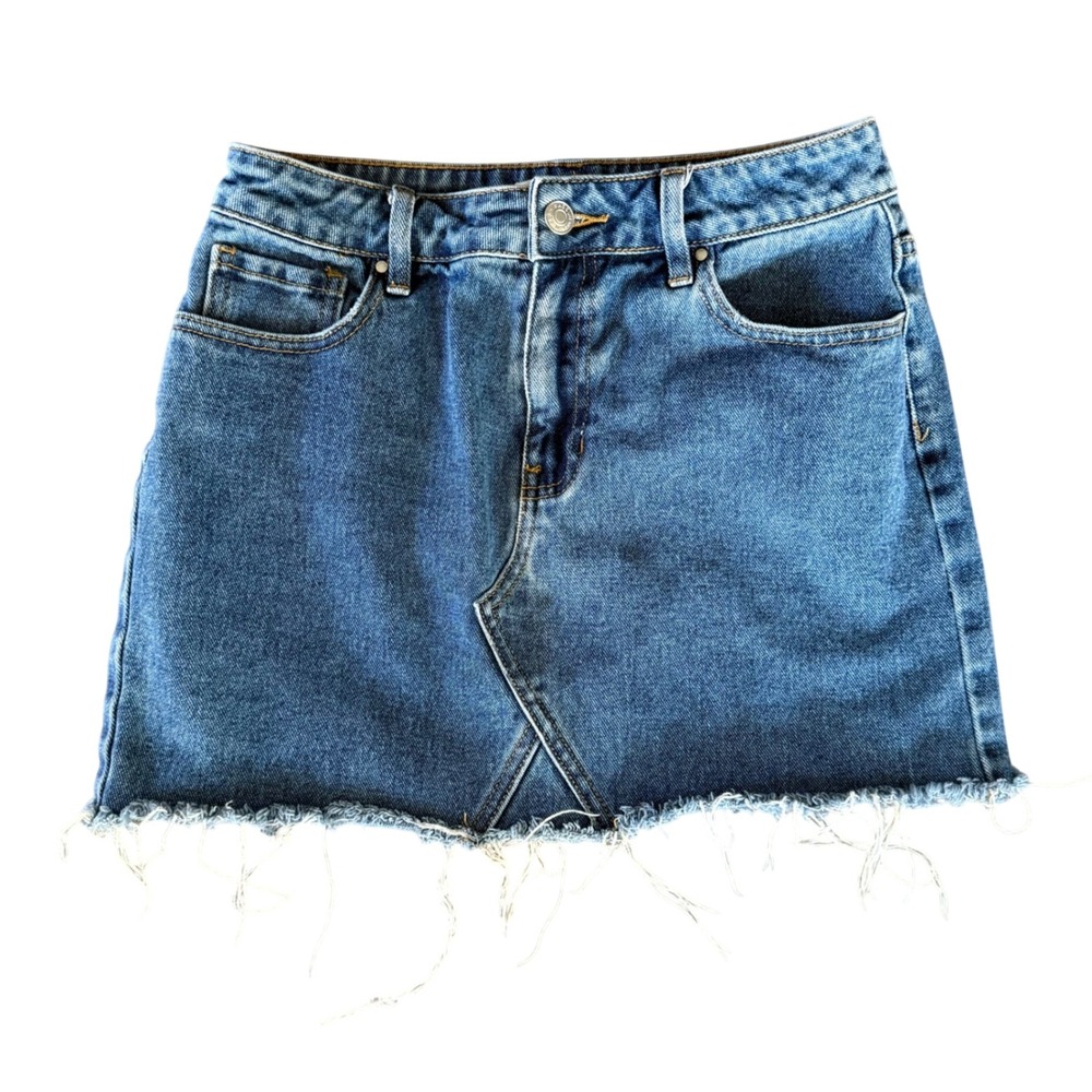 PacSun Denim Mini Skirt Medium Wash Raw Hem 100% Cotton Womens Size 26